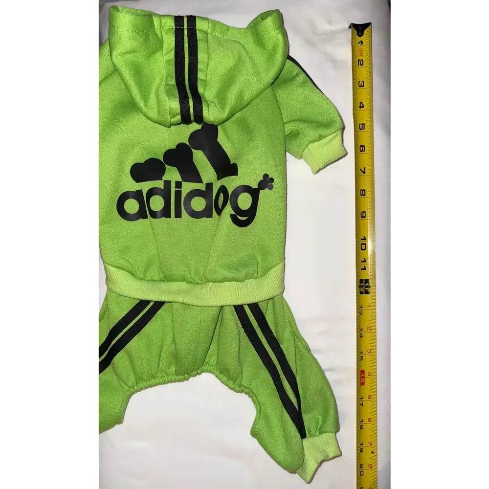 Adidog Lime Green Tracksuit Pet Jumpsuit - Fits 12-14 lbs